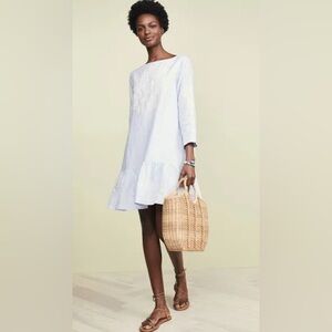 Roller Rabbit Women 100% Linen Ebonie Dress Small Blue Embroidered Spring Coasta